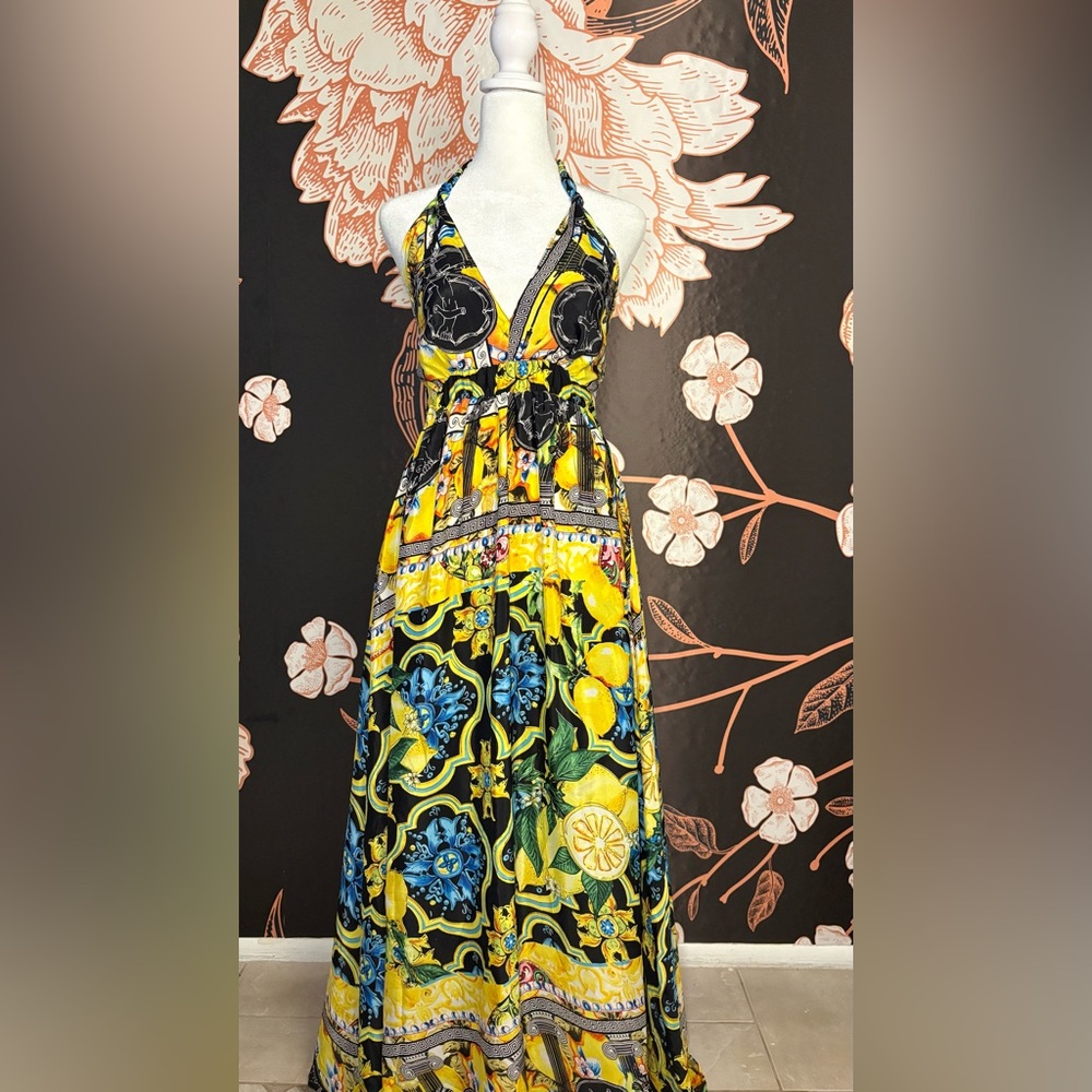 LUXURIOUS Italian Bright Yellow Halter Maxi Dress with Lemon & Floral Print